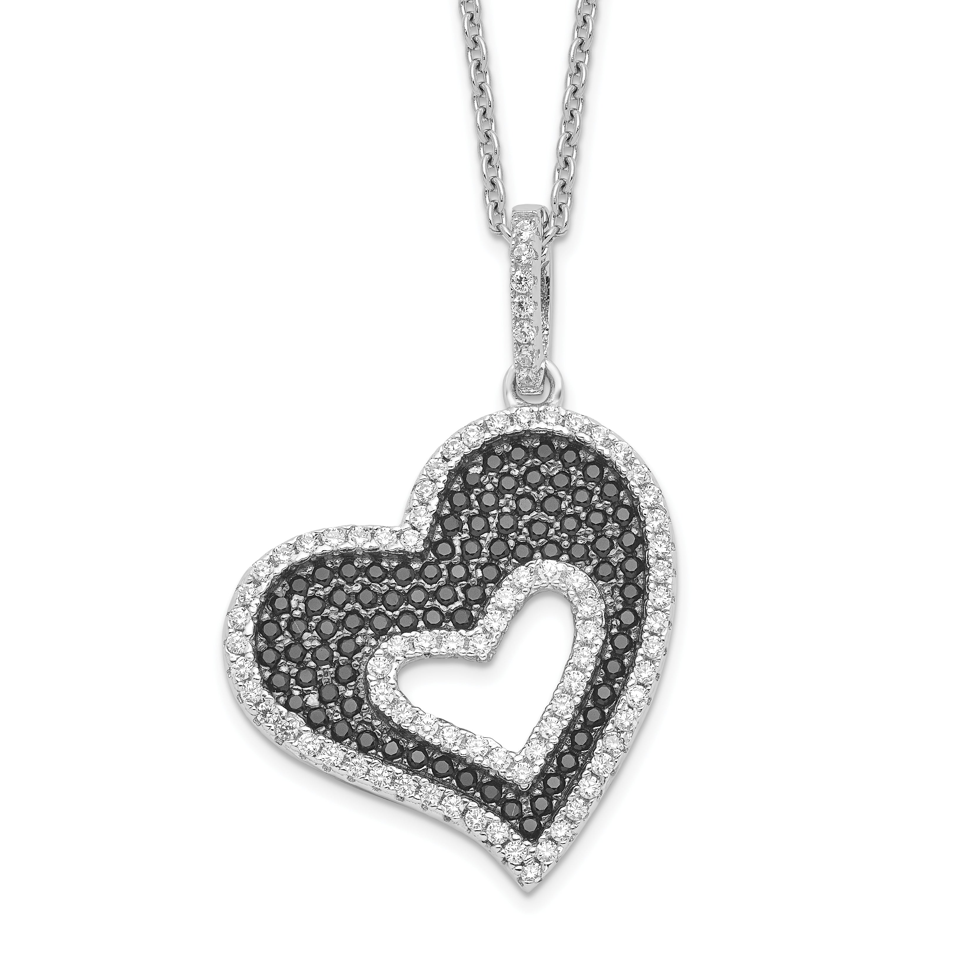 Brilliant Embers Sterling Silver Rhodium-plated 170 Stone 18 inch Micro PavÇ Black and White CZ Heart Necklace with 2 Inch Extender