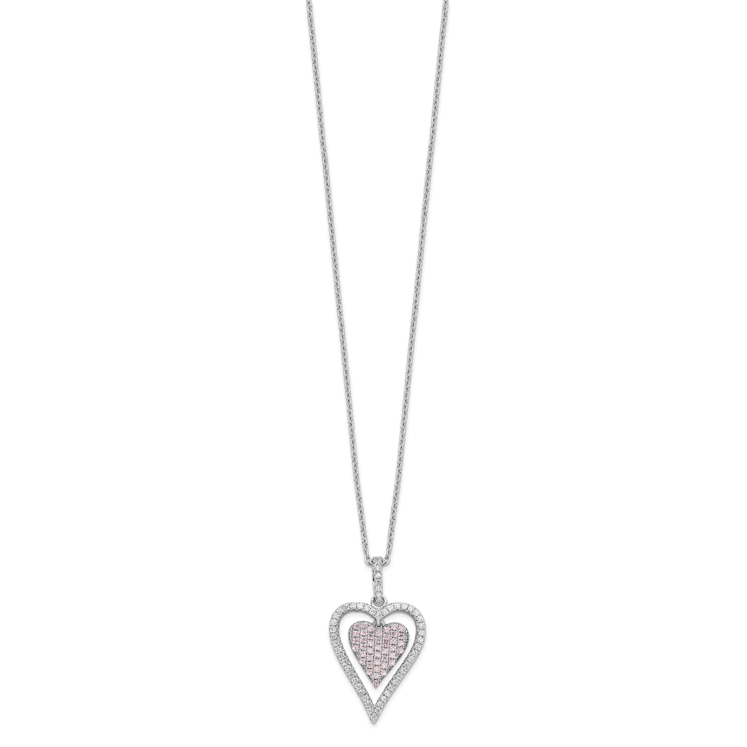 Brilliant Embers Sterling Silver Rhodium-plated 95 Stone 18 inch Micro PavÇ White and Pink CZ Heart Necklace with 2 Inch Extender