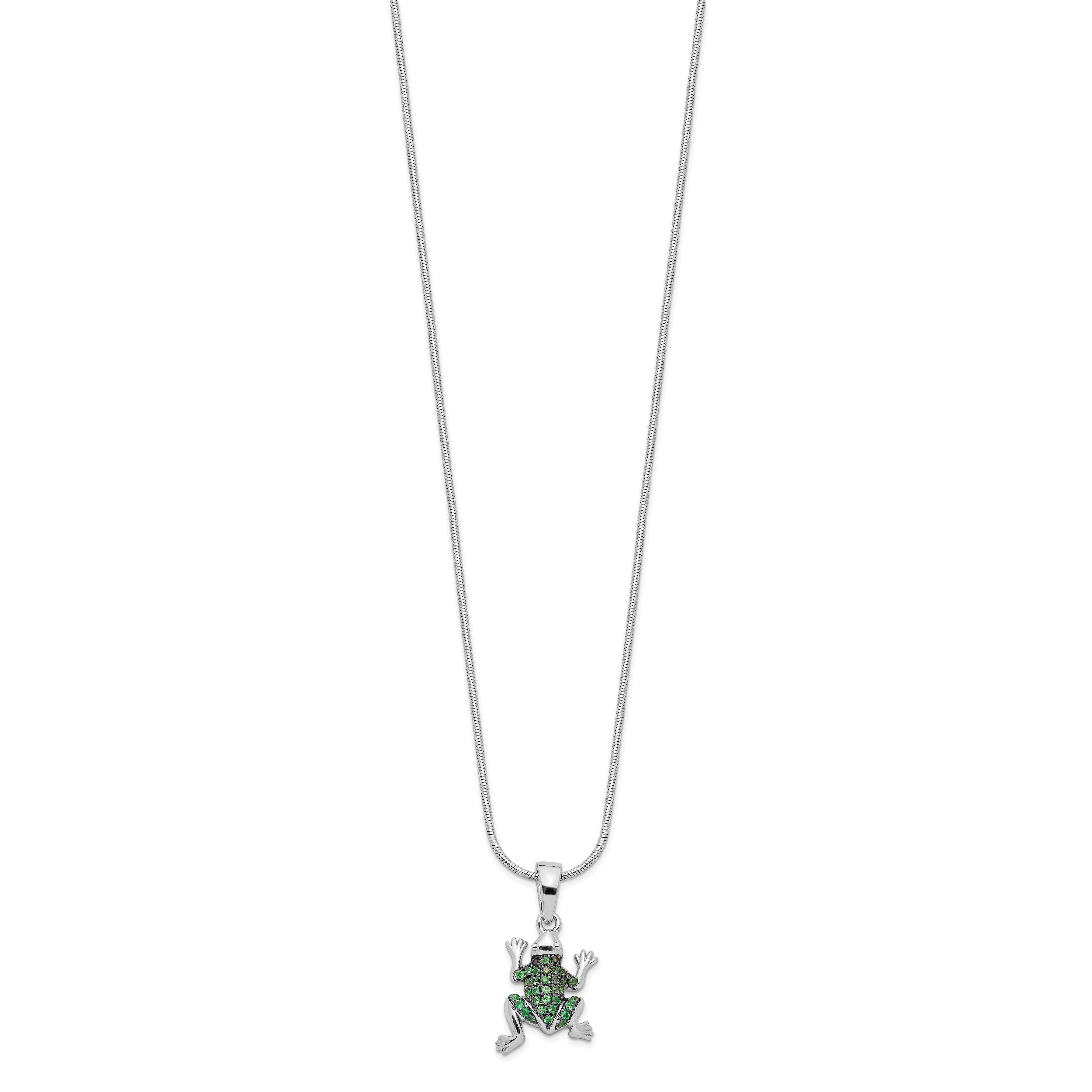 Brilliant Embers Sterling Silver Rhodium-plated 34 Stone 18 inch Micro PavÇ Green CZ Frog Necklace with 2 Inch Extender