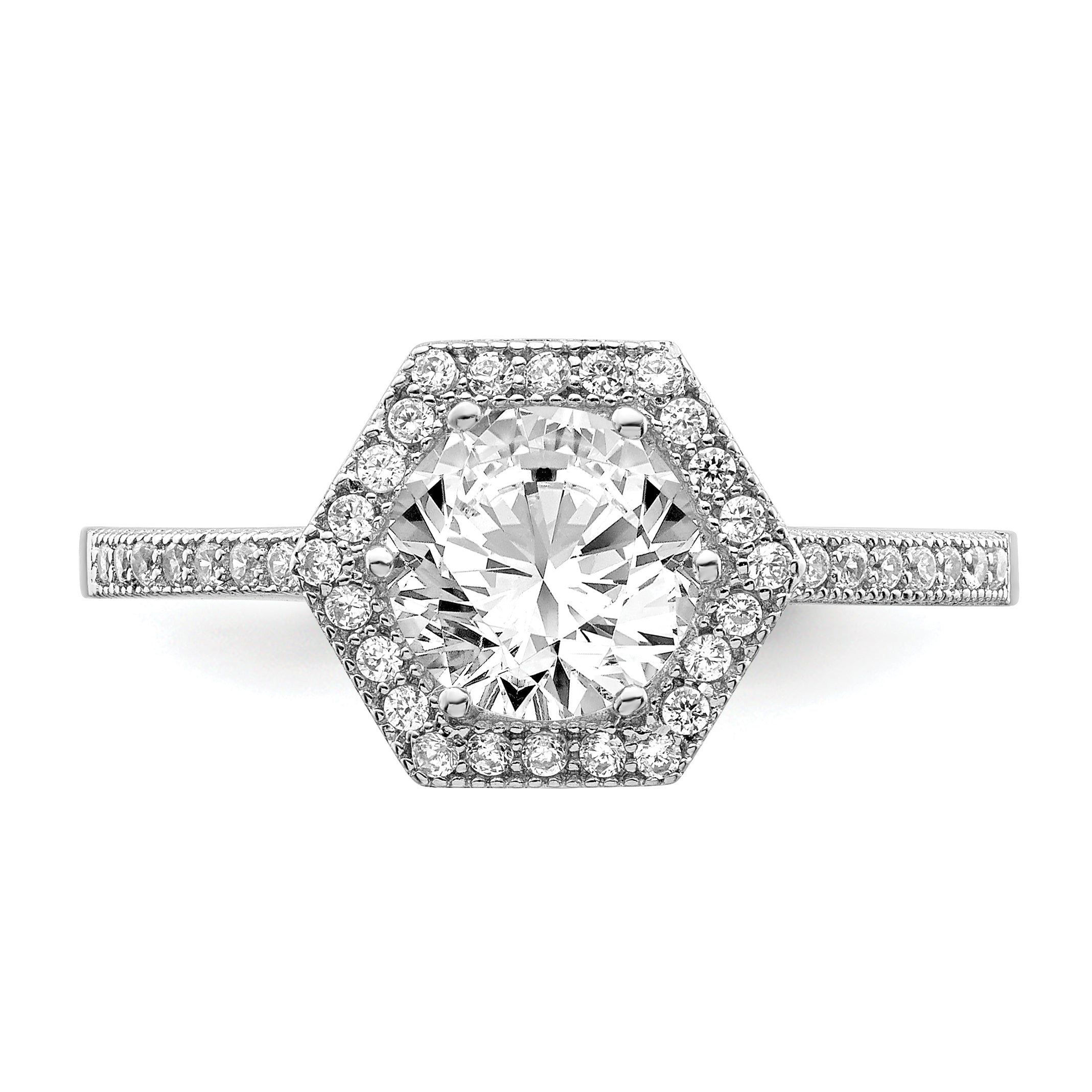 Brilliant Embers Sterling Silver Rhodium-plated 39 Stone Hexagon Halo Micro PavÇ CZ Ring