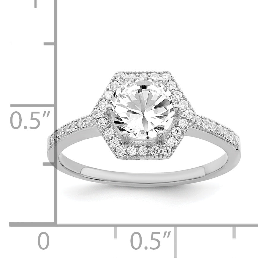 Brilliant Embers Sterling Silver Rhodium-plated 39 Stone Hexagon Halo Micro PavÇ CZ Ring
