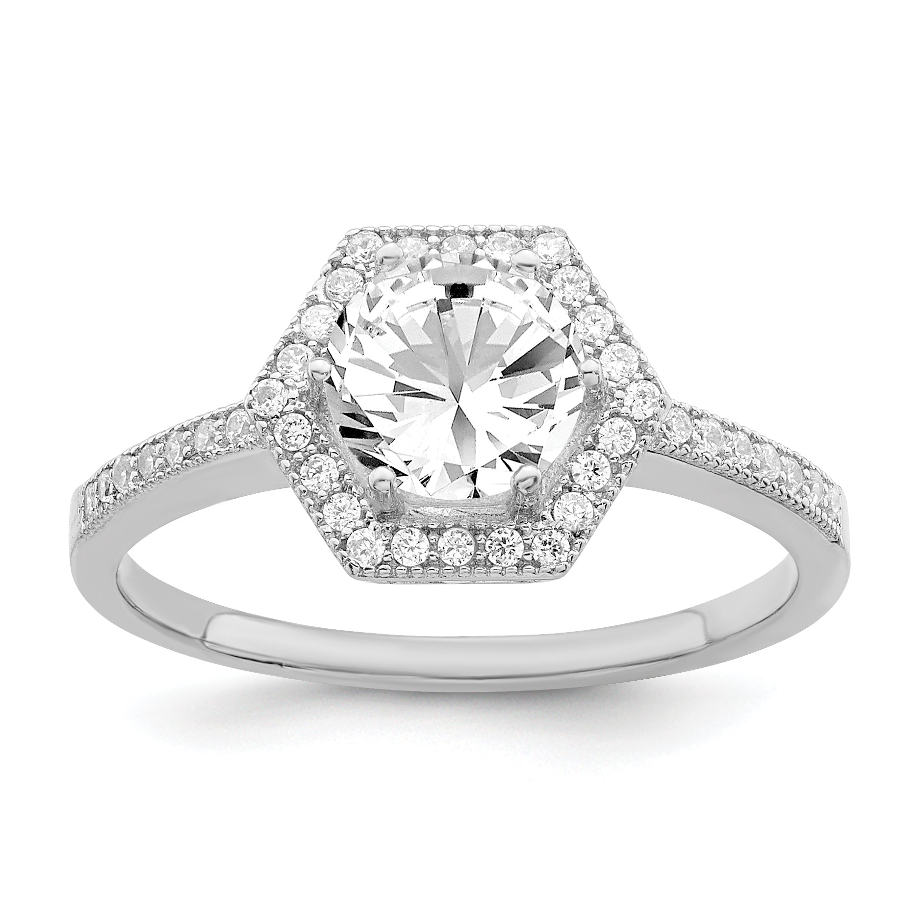 Brilliant Embers Sterling Silver Rhodium-plated 39 Stone Hexagon Halo Micro PavÇ CZ Ring