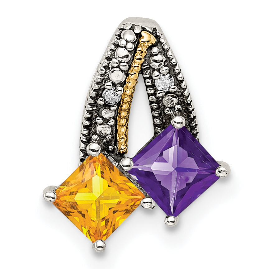 Sterling Silver Antiqued w/14k 2-stone w/Diamond Mothers Pendant Semi-Mount