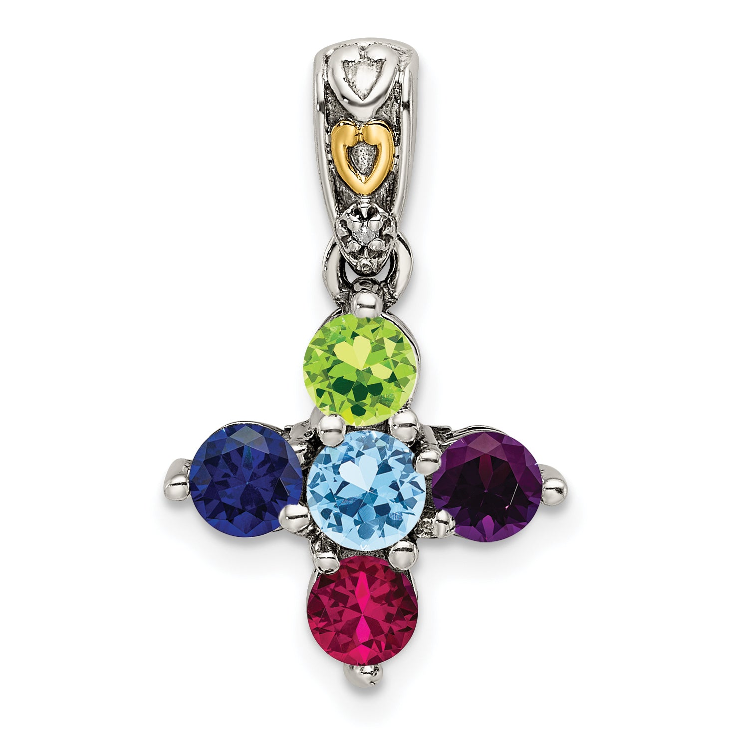 Sterling Silver Antiqued w/14k 5-stone w/Diamond Mother's Pendant