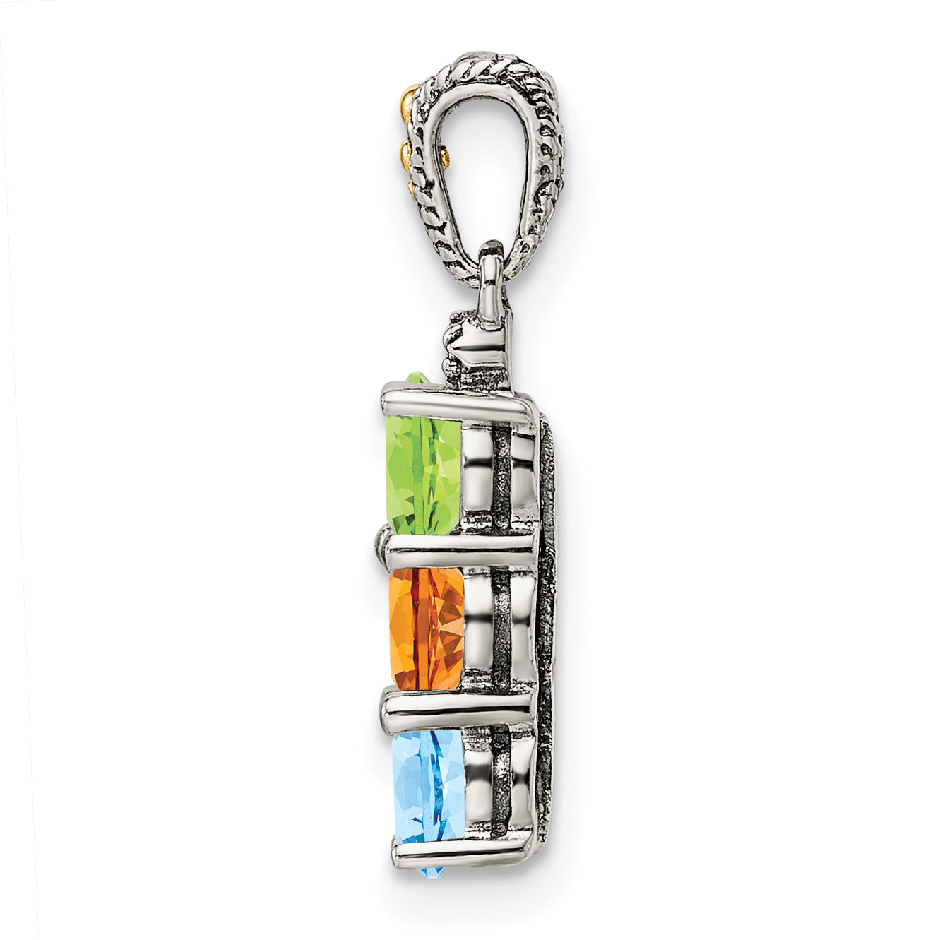 Sterling Silver Antiqued w/14k 3-stone w/Diamond Mother's Pendant