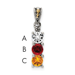 Sterling Silver Antiqued w/14k 3-stone w/Diamond Mothers Pendant Semi-Mount