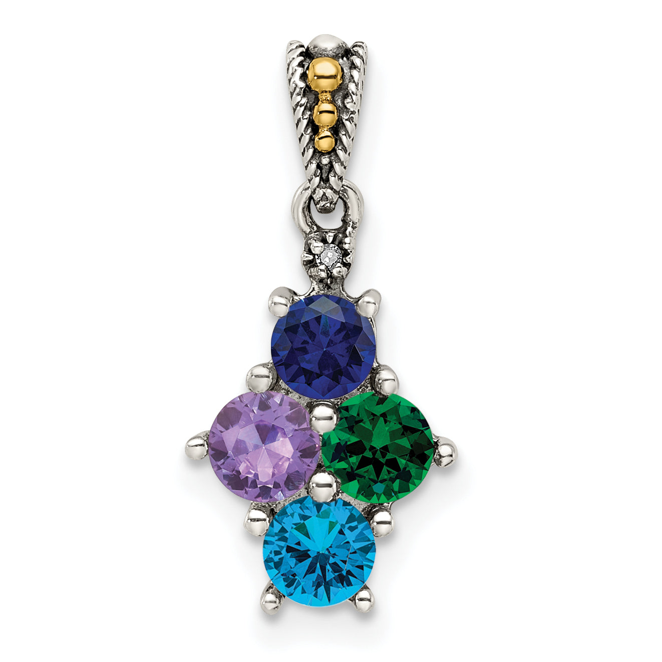 Sterling Silver Antiqued w/14k 4-stone w/Diamond Mothers Pendant Semi-Mount