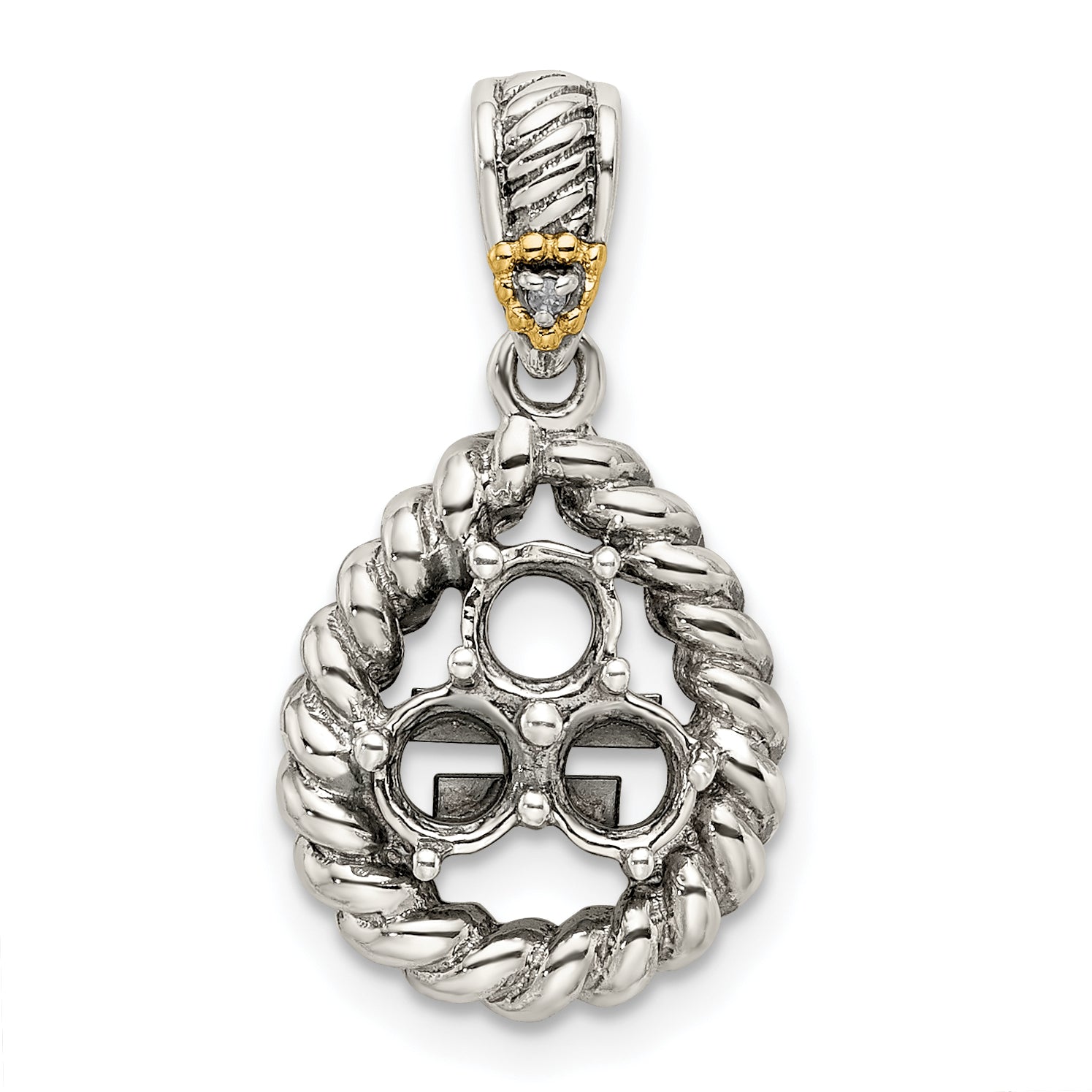 Sterling Silver Antiqued w/14k 3-stone w/Diamond Mothers Pendant Semi-Mount