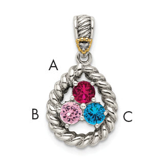 Sterling Silver Antiqued w/14k 3-stone w/Diamond Mothers Pendant Semi-Mount