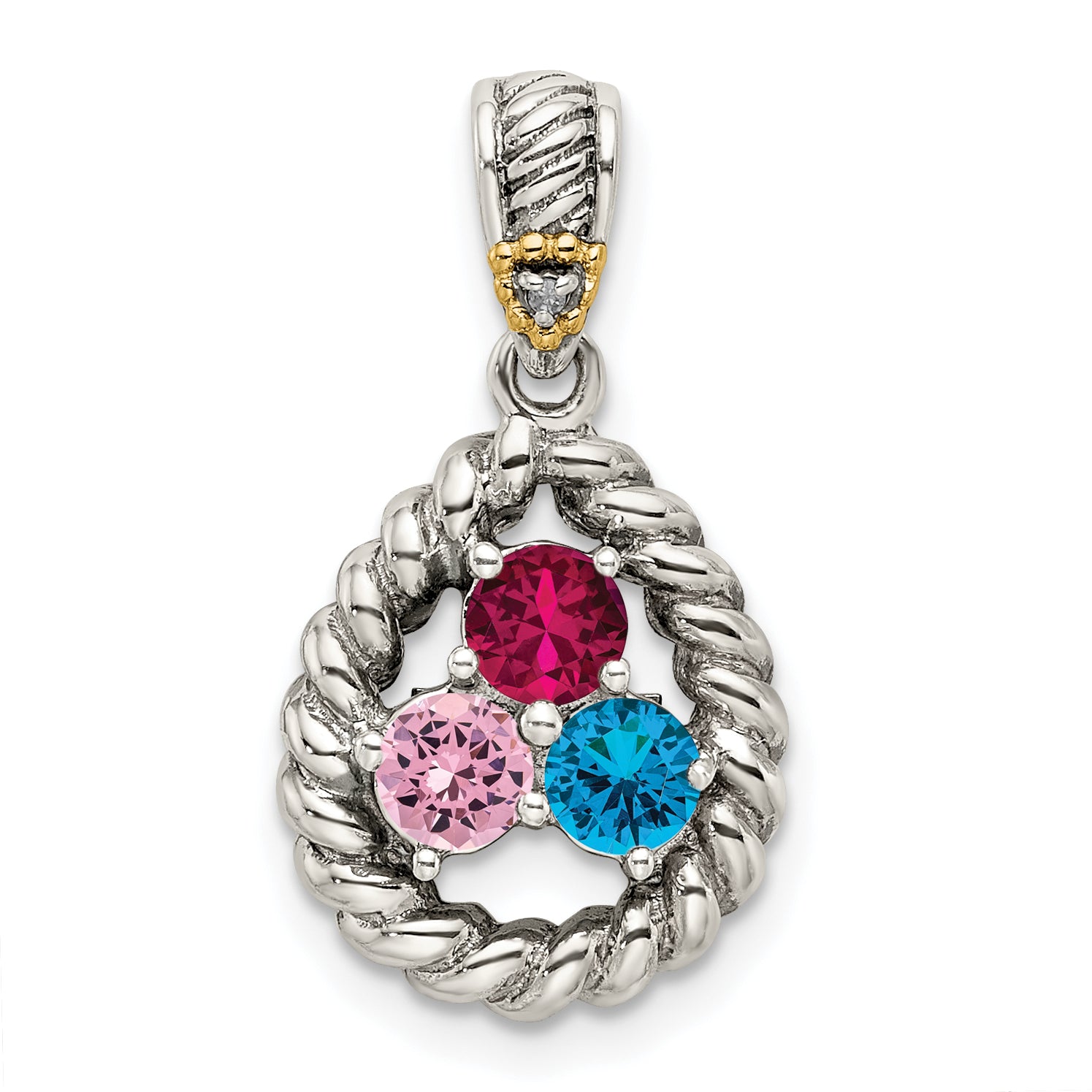 Sterling Silver Antiqued w/14k 3-stone w/Diamond Mothers Pendant Semi-Mount