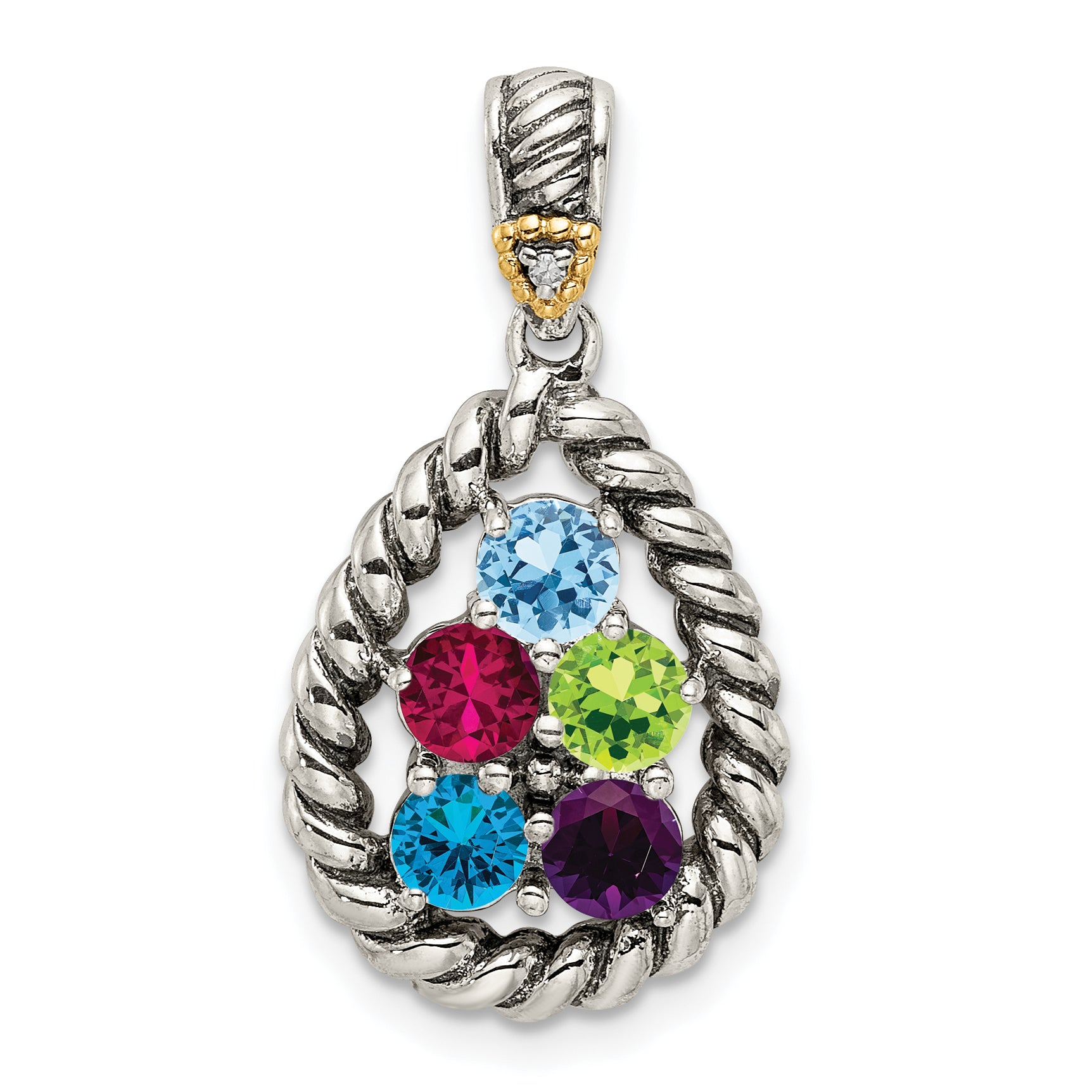 Sterling Silver Antiqued w/14k 5-stone w/Diamond Mothers Pendant Semi-Mount