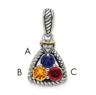 Sterling Silver Antiqued w/14k 3-stone w/Diamond Mothers Pendant Semi-Mount