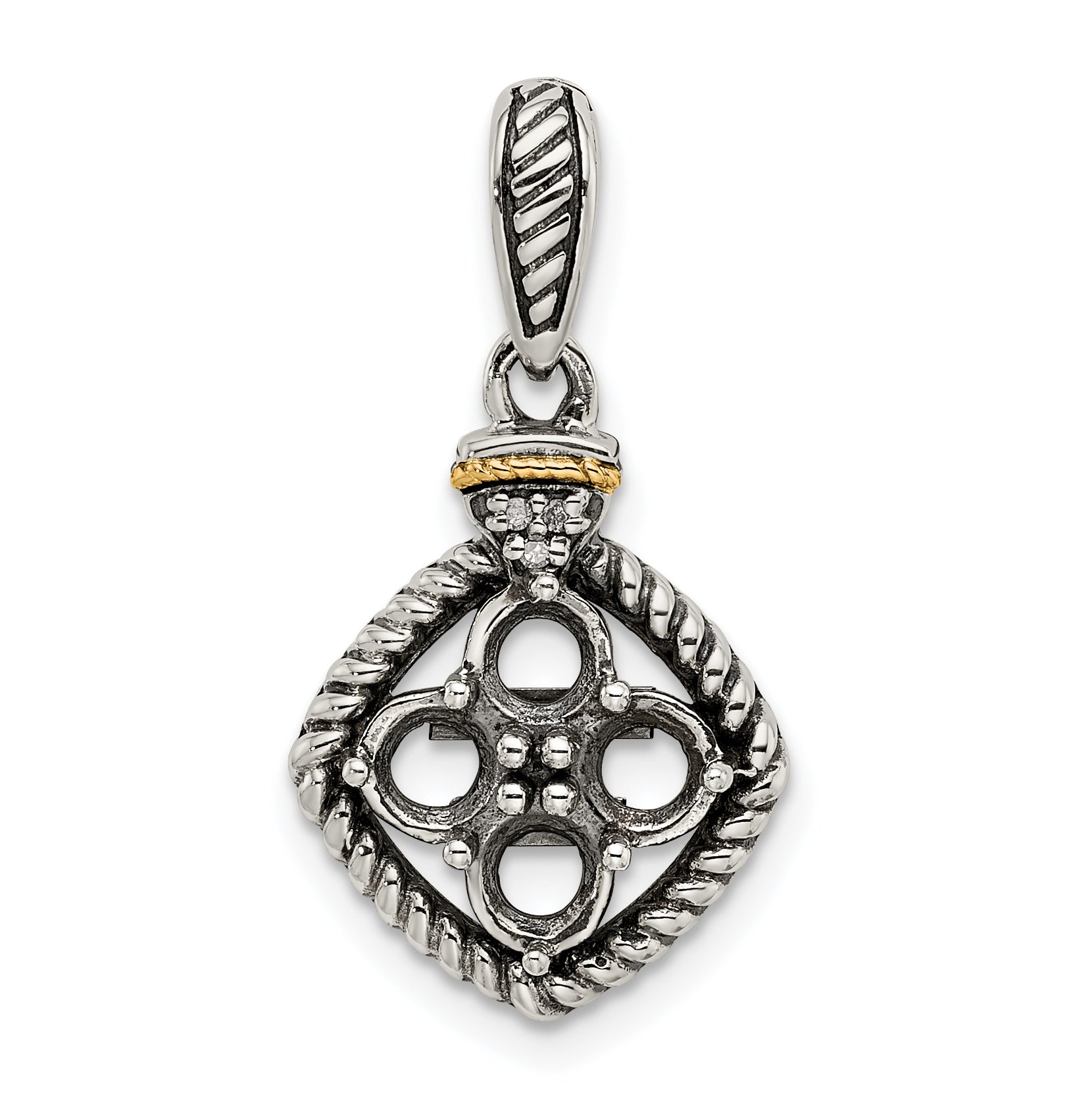 Sterling Silver Antiqued w/14k 4-stone w/Diamond Mother's Pendant