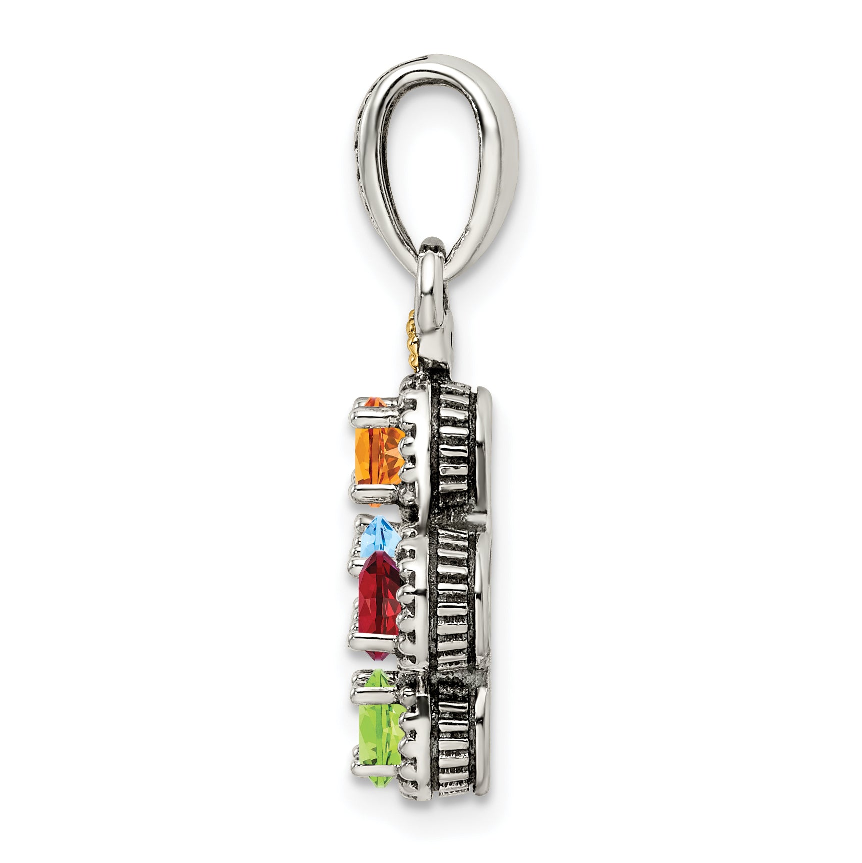 Sterling Silver Antiqued w/14k 4-stone w/Diamond Mother's Pendant