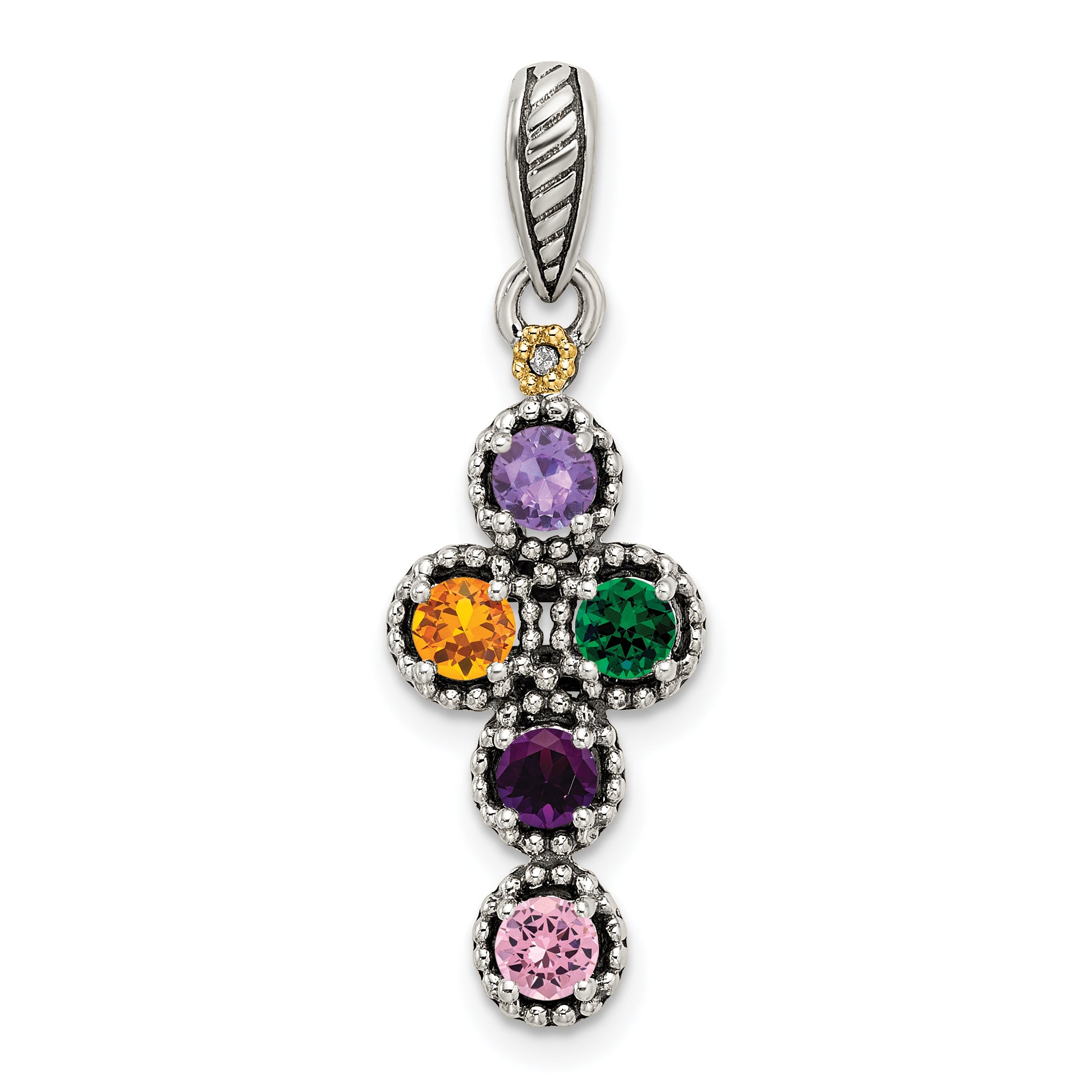 Sterling Silver Antiqued w/14k 5-stone w/Diamond Mothers Pendant Semi-Mount