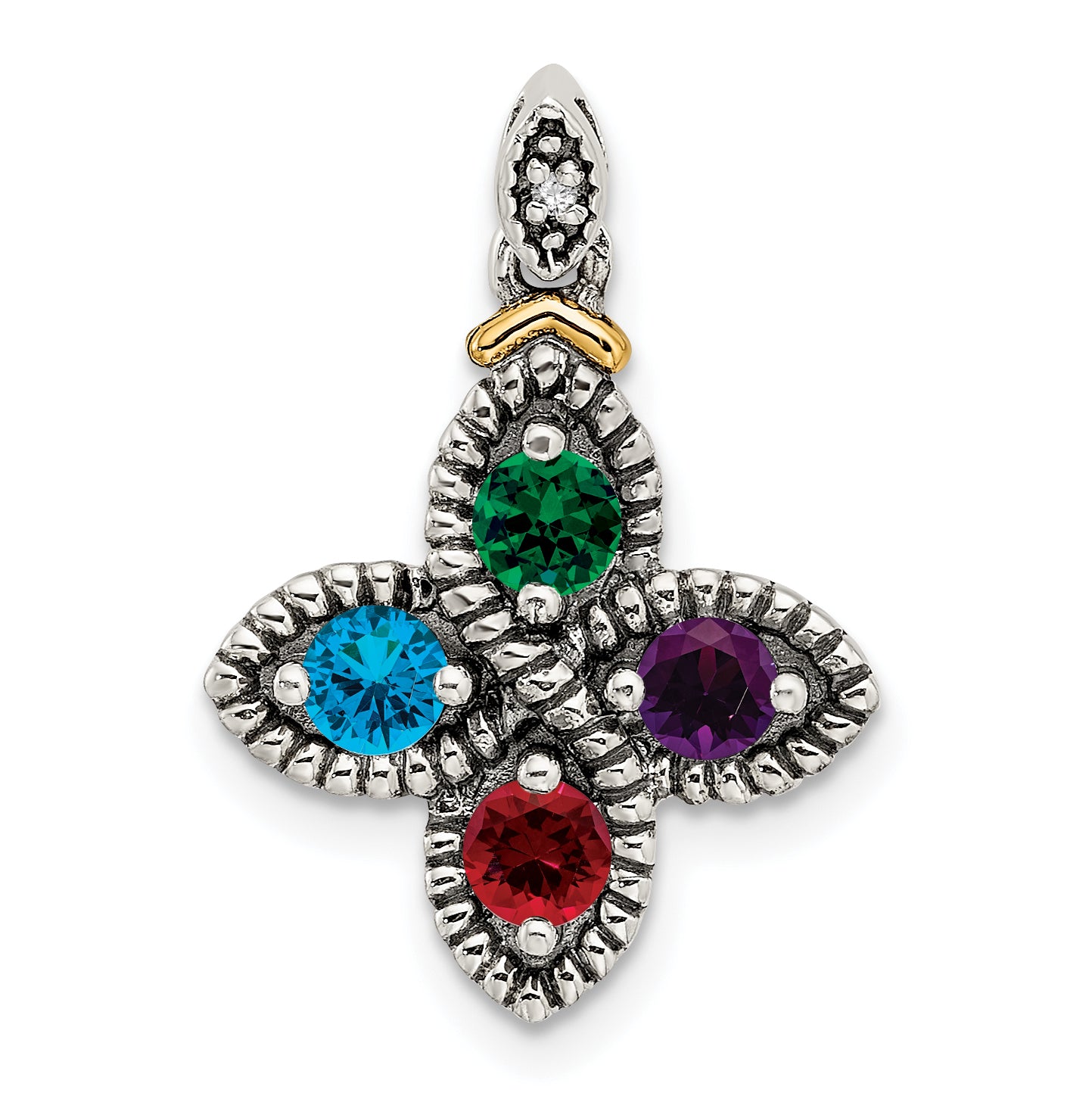 Sterling Silver Antiqued w/14k 4-stone w/Diamond Mother's Pendant