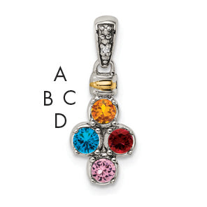 Sterling Silver Antiqued w/14k 4-stone w/Diamond Mother's Pendant