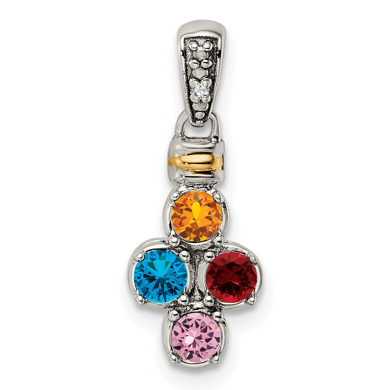 Sterling Silver Antiqued w/14k 4-stone w/Diamond Mothers Pendant Semi-Mount