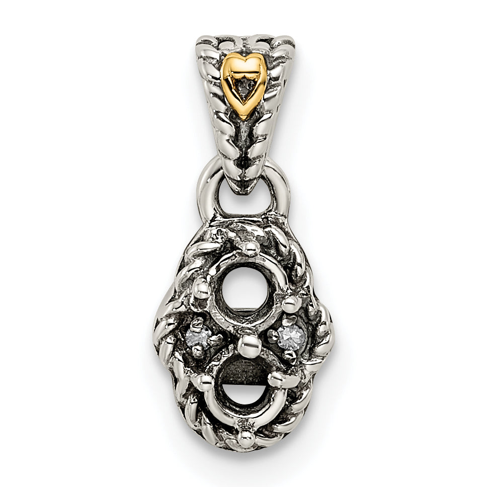 Sterling Silver Antiqued w/14k 2-stone w/Diamond Mothers Pendant Semi-Mount