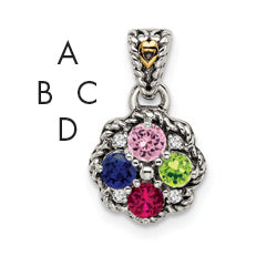 Sterling Silver Antiqued w/14k 4-stone w/Diamond Mother's Pendant