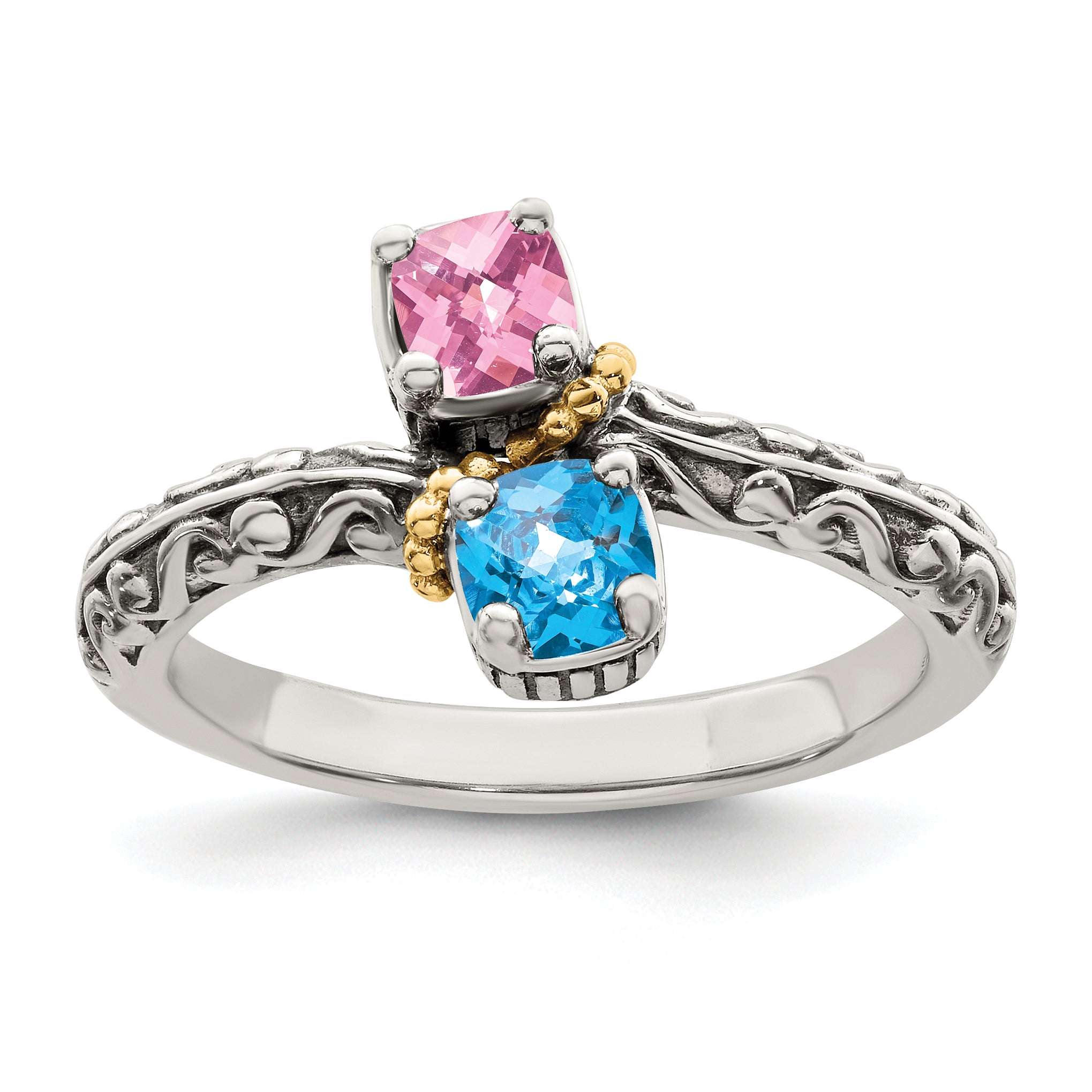 Sterling Silver Antiqued w/14k 2-stone Mother's Ring Mounting