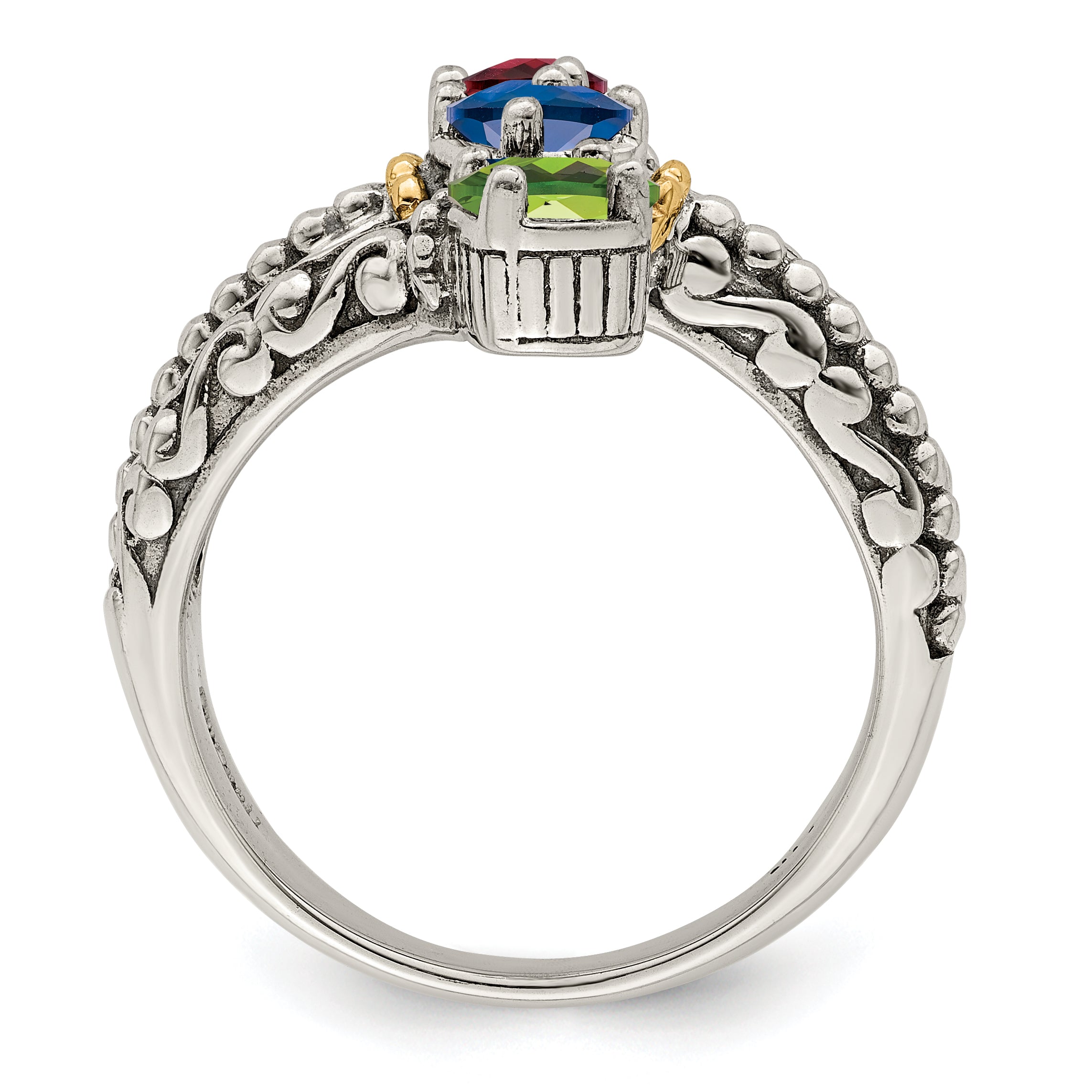 Sterling Silver Antiqued w/14k 3-stone Mother's Ring