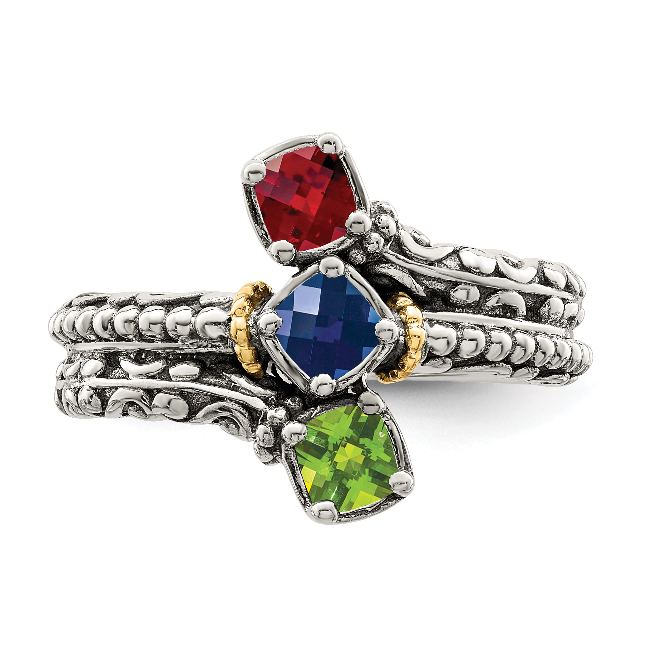 Sterling Silver Antiqued w/14k 3-stone Mother's Ring