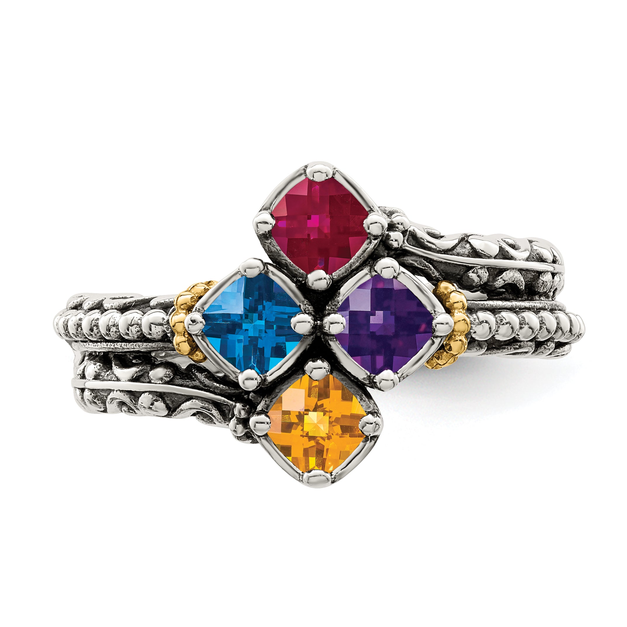 Sterling Silver Antiqued w/14k 4-stone Mother's Ring