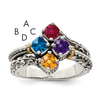 Sterling Silver Antiqued w/14k 4-stone Mother's Ring