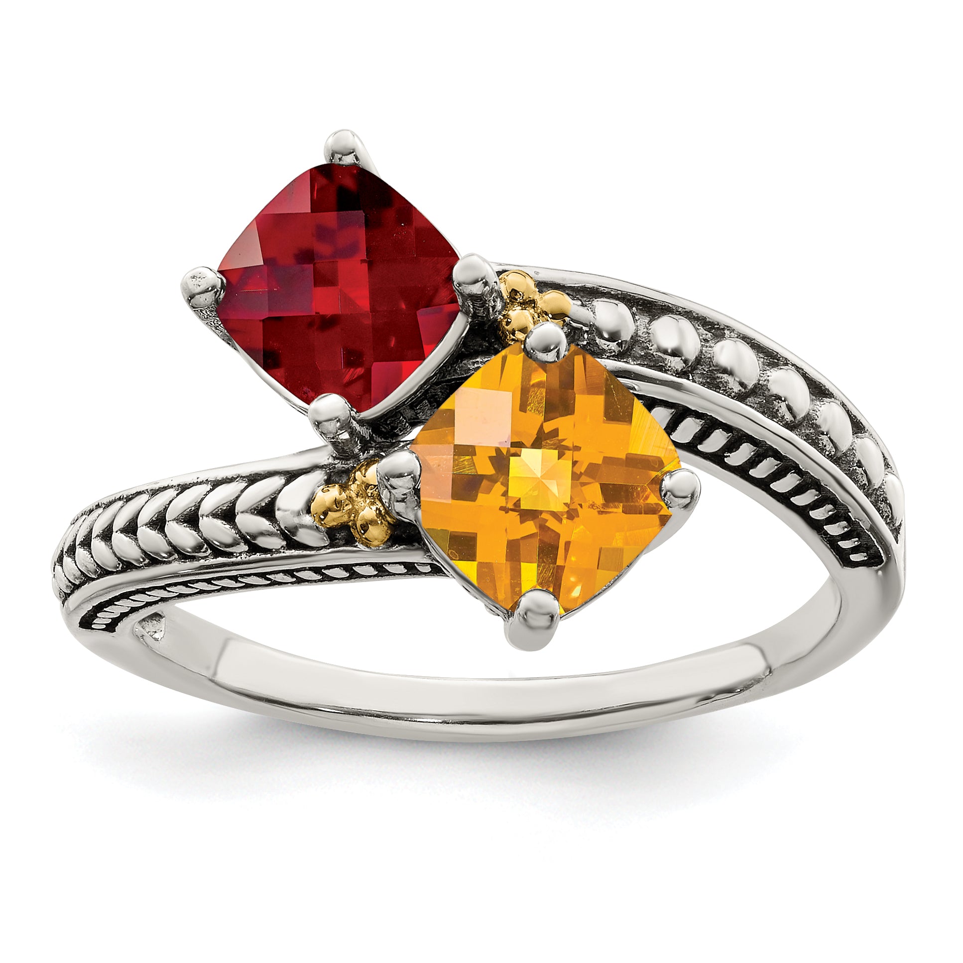Sterling Silver Antiqued w/14k 2-stone Mother's Ring