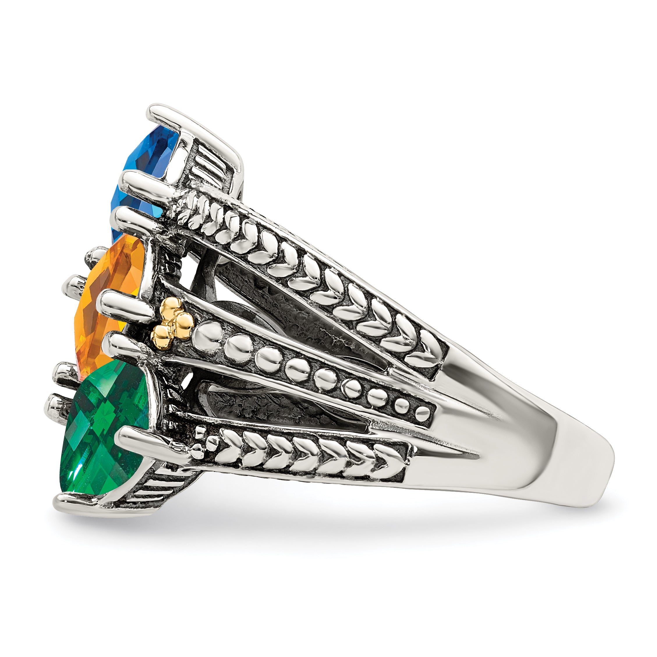 Sterling Silver Antiqued w/14k 3-stone Mother's Ring