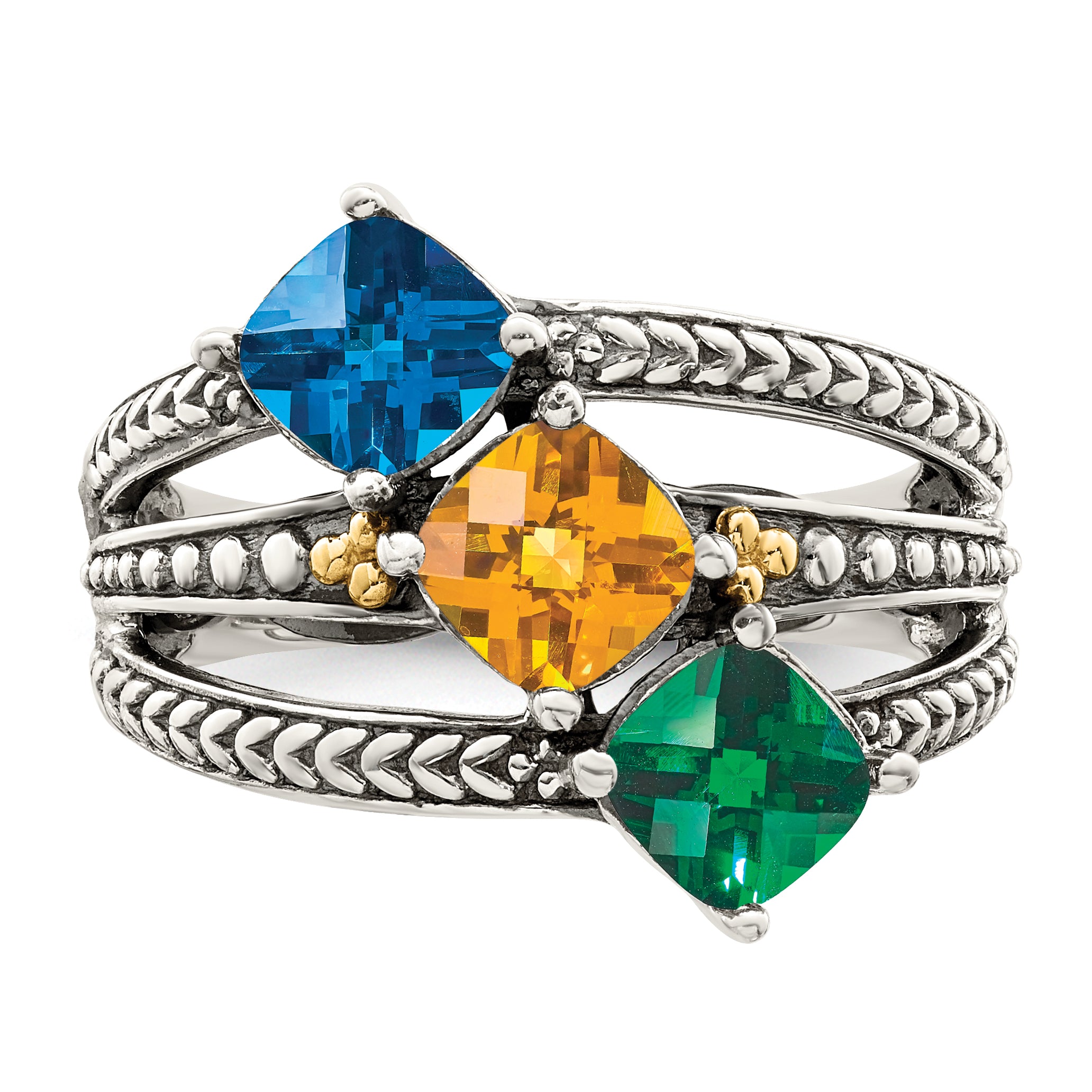 Sterling Silver Antiqued w/14k 3-stone Mother's Ring