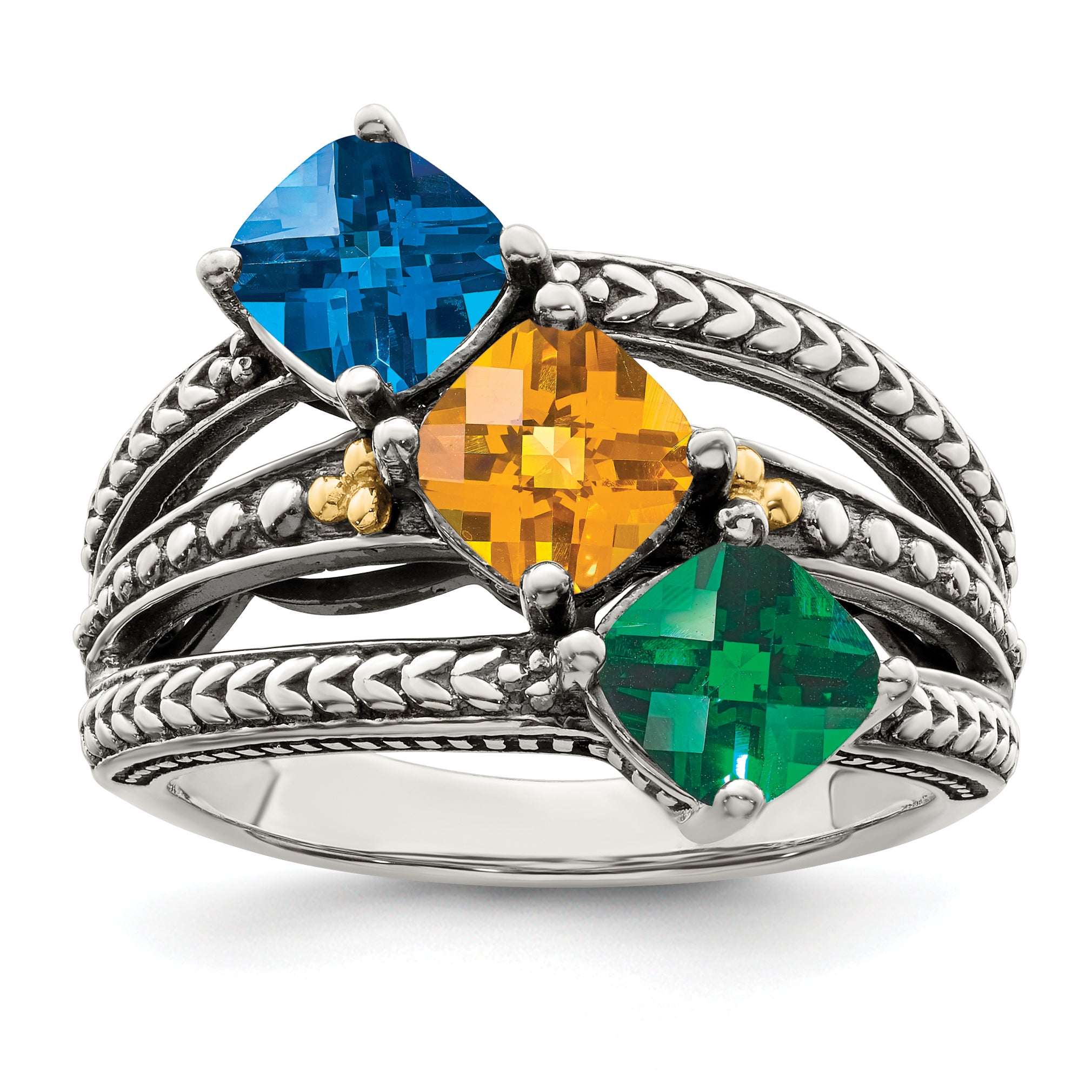 Sterling Silver Antiqued w/14k 3-stone Mother's Ring