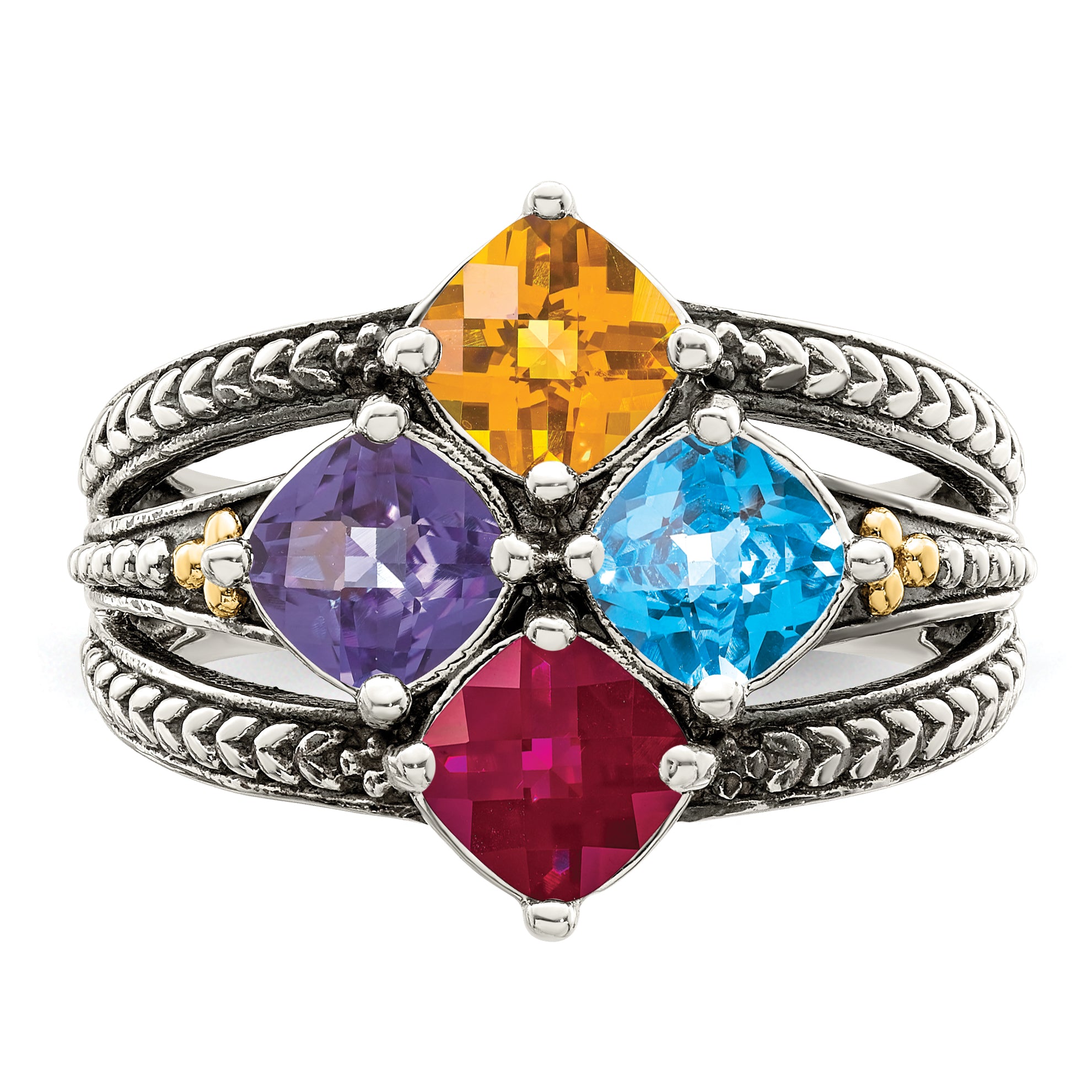 Sterling Silver Antiqued w/14k 4-stone Mother's Ring