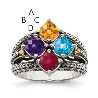 Sterling Silver Antiqued w/14k 4-stone Mother's Ring