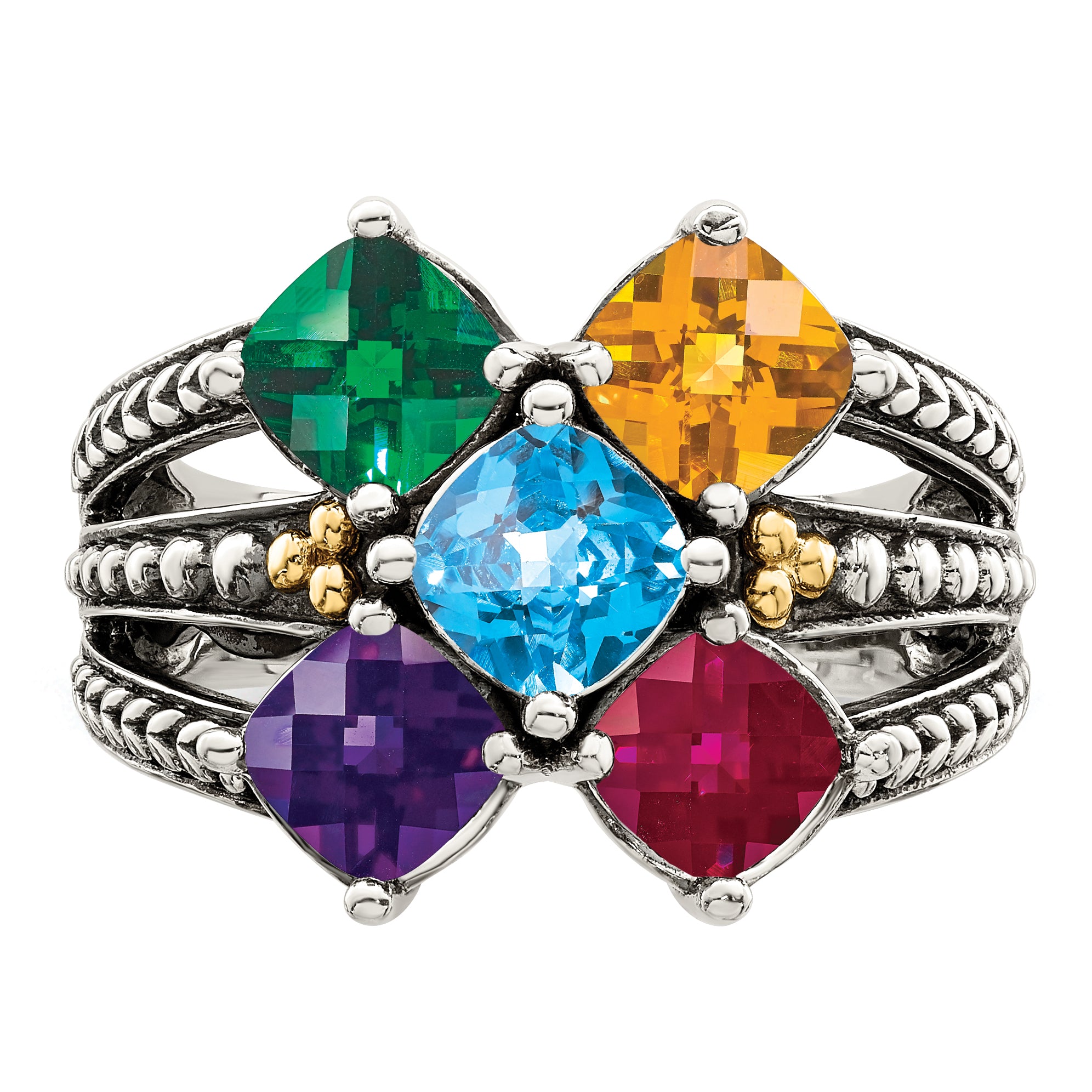 Sterling Silver Antiqued w/14k 5-stone Mother's Ring