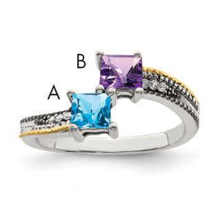 Sterling Silver Antiqued w/14k 2-stone w/Diamond Mother's Semi-Mount Ring