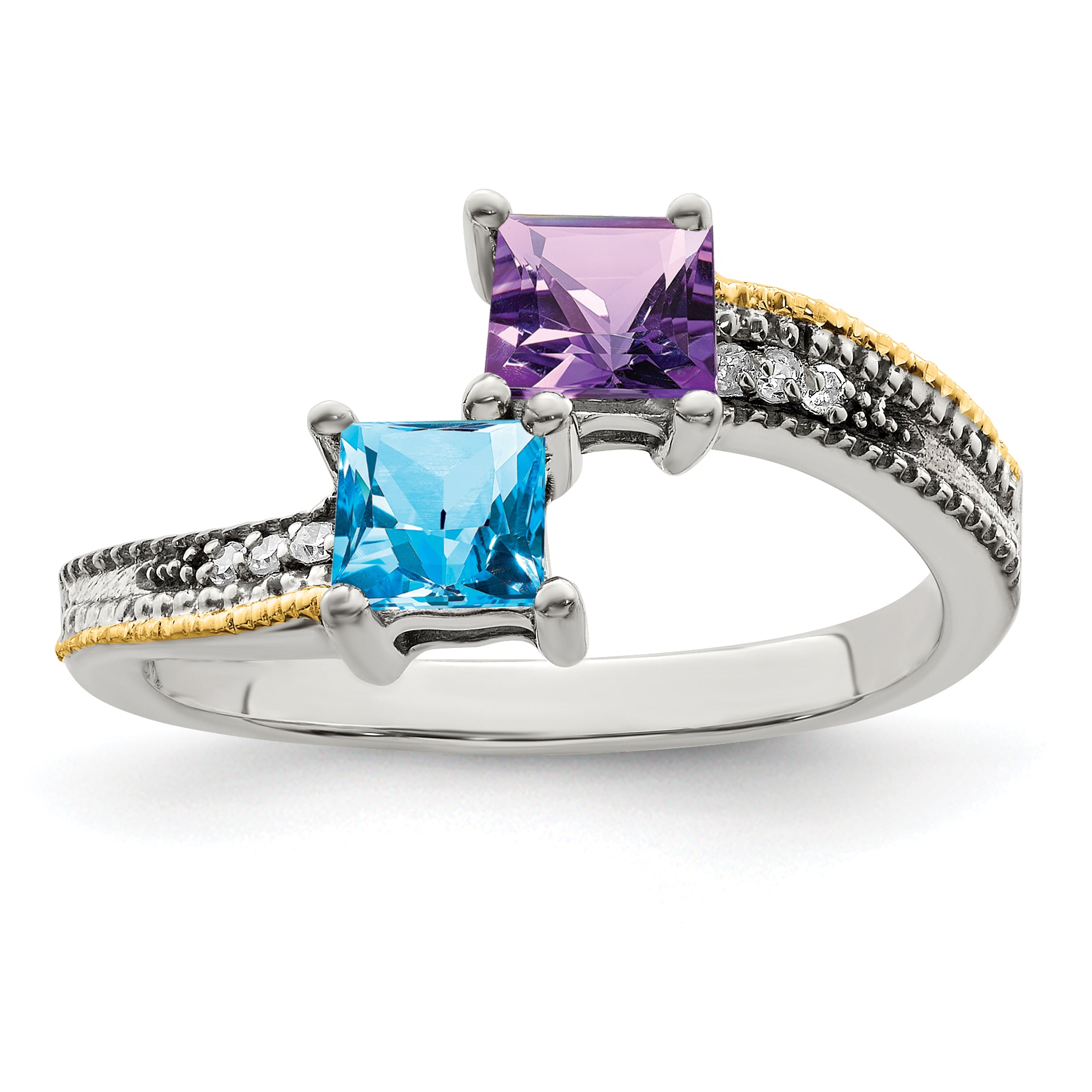 Sterling Silver Antiqued w/14k 2-stone w/Diamond Mother's Semi-Mount Ring