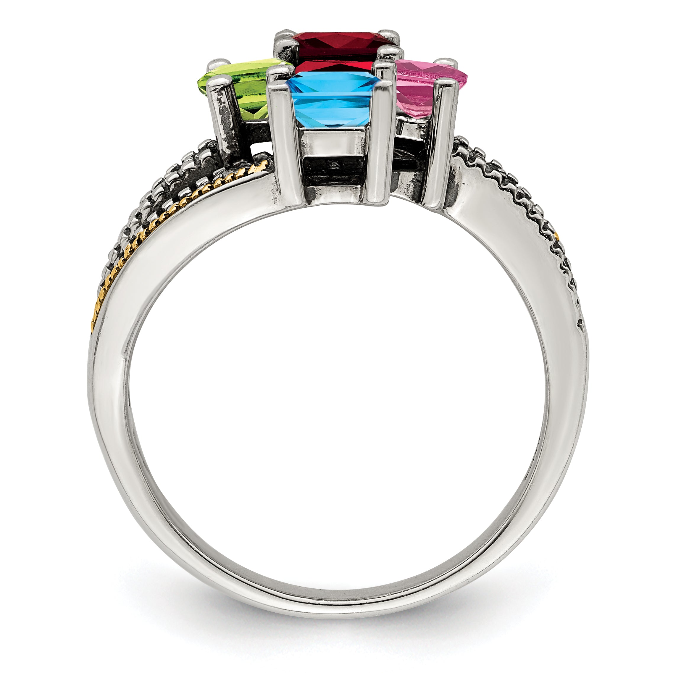 Sterling Silver Antiqued w/14k 4-stone w/Diamond Mother's Ring