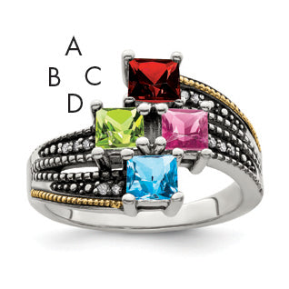 Sterling Silver Antiqued w/14k 4-stone w/Diamond Mother's Ring