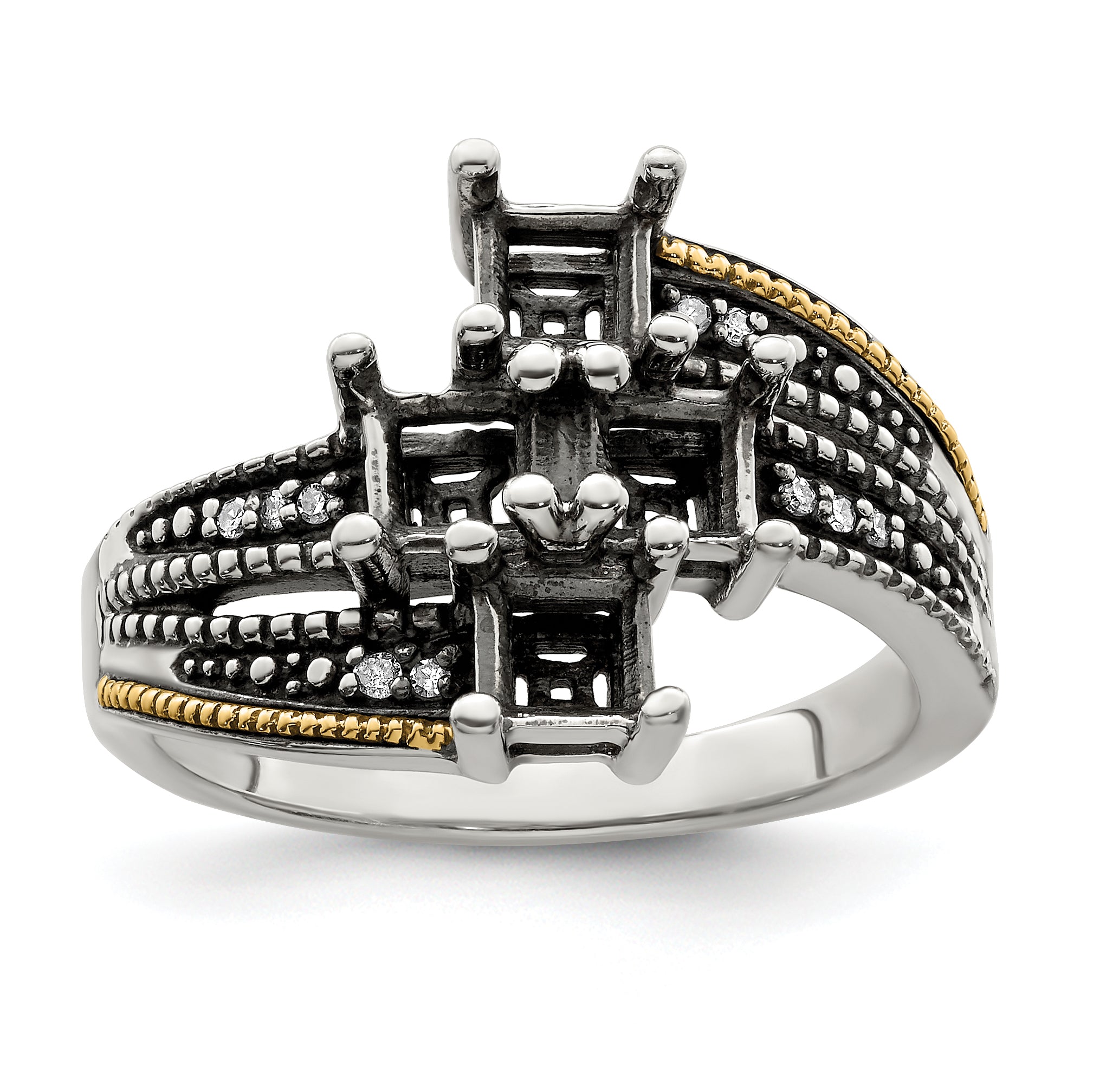 Sterling Silver Antiqued w/14k 4-stone w/Diamond Mother's Ring