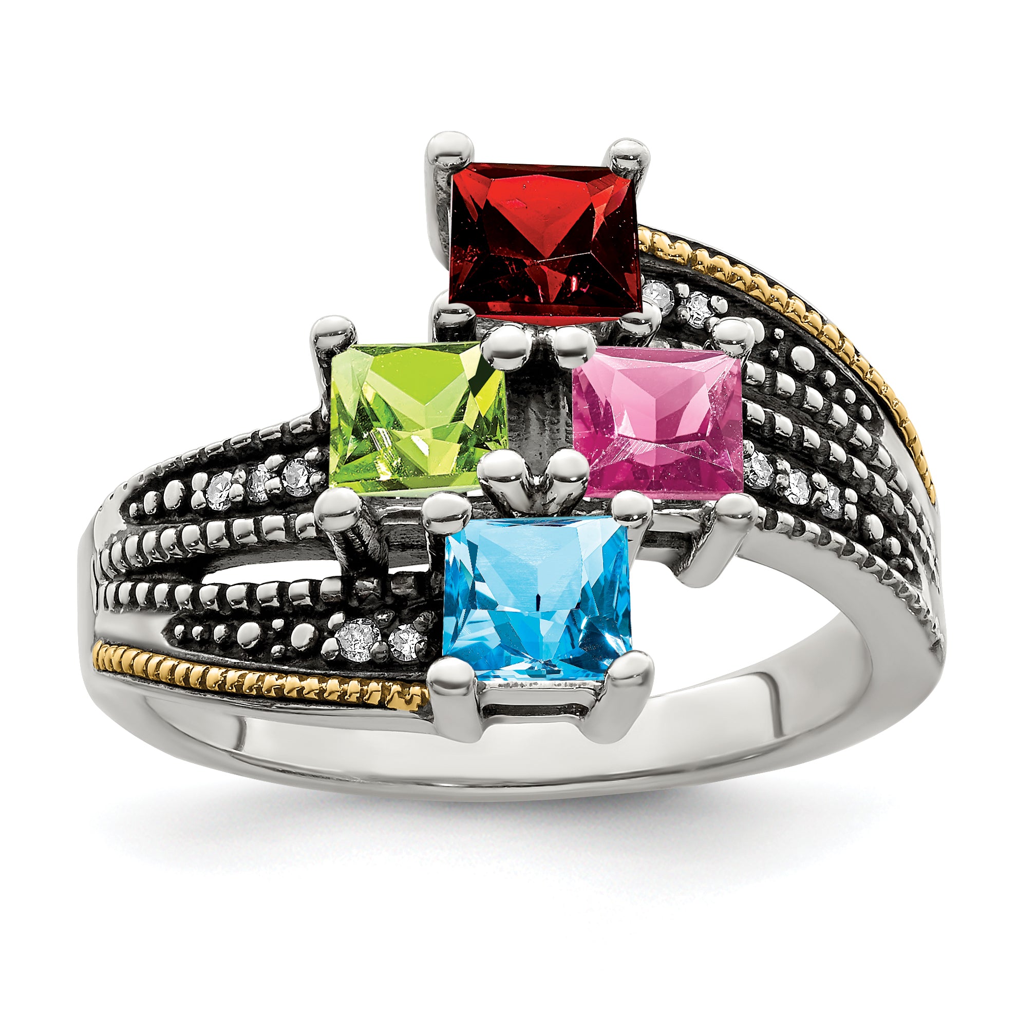 Sterling Silver Antiqued w/14k 4-stone w/Diamond Mother's Semi-Mount Ring