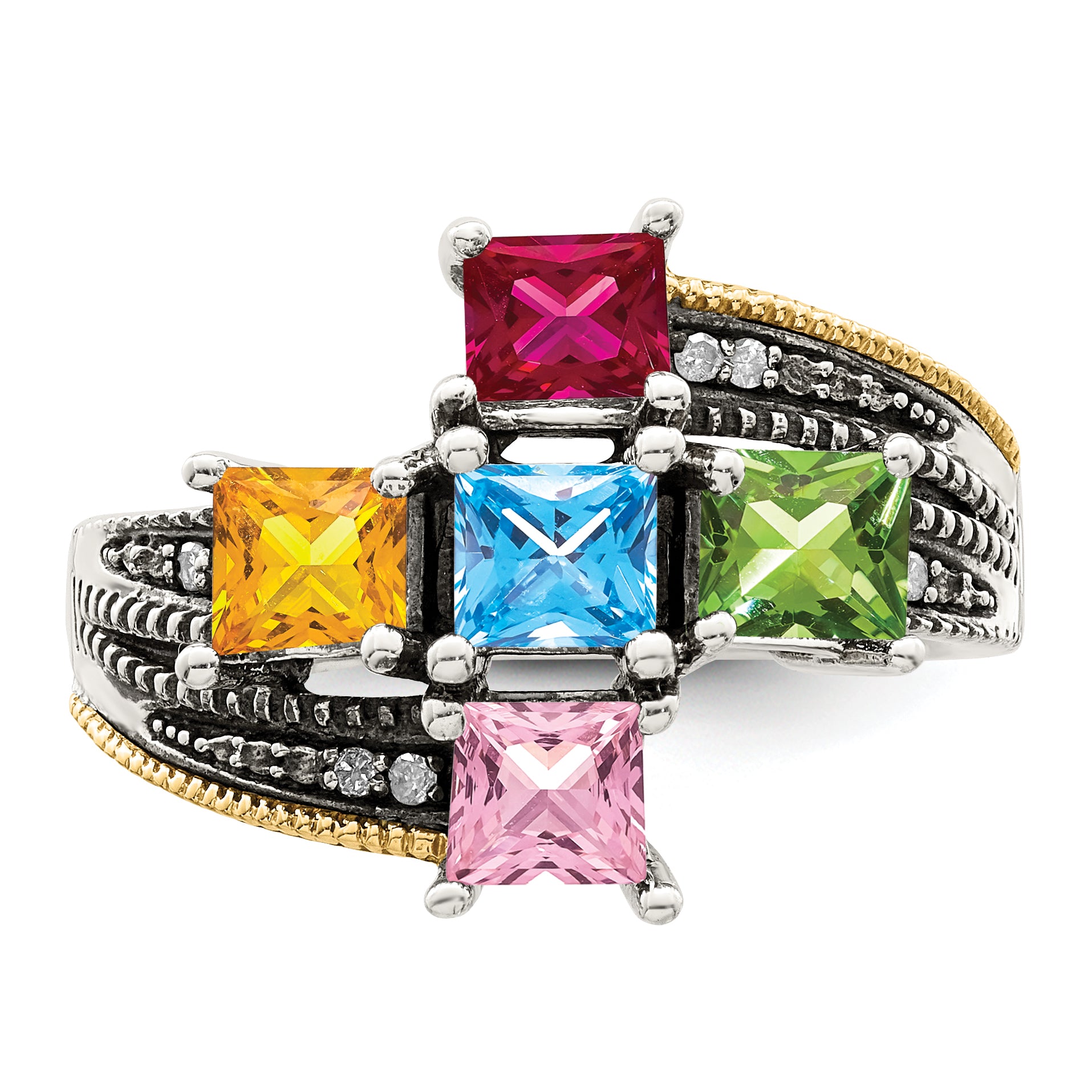 Sterling Silver Antiqued w/14k 5-stone w/Diamond Mother's Ring