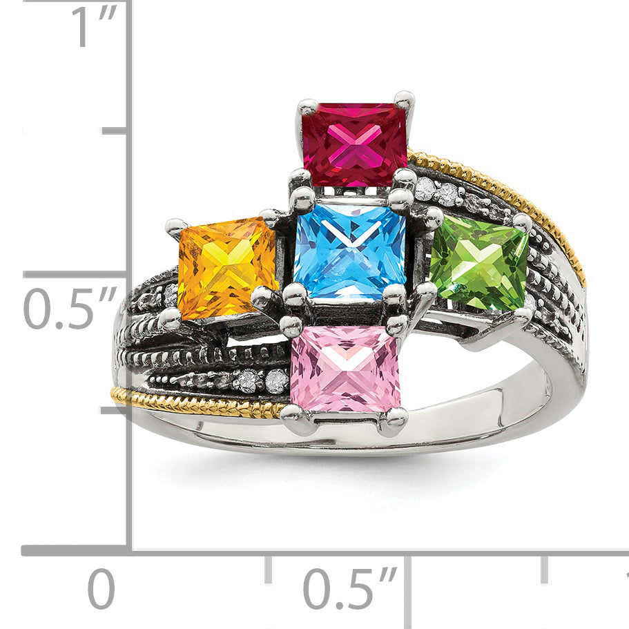 Sterling Silver Antiqued w/14k 5-stone w/Diamond Mother's Semi-Mount Ring