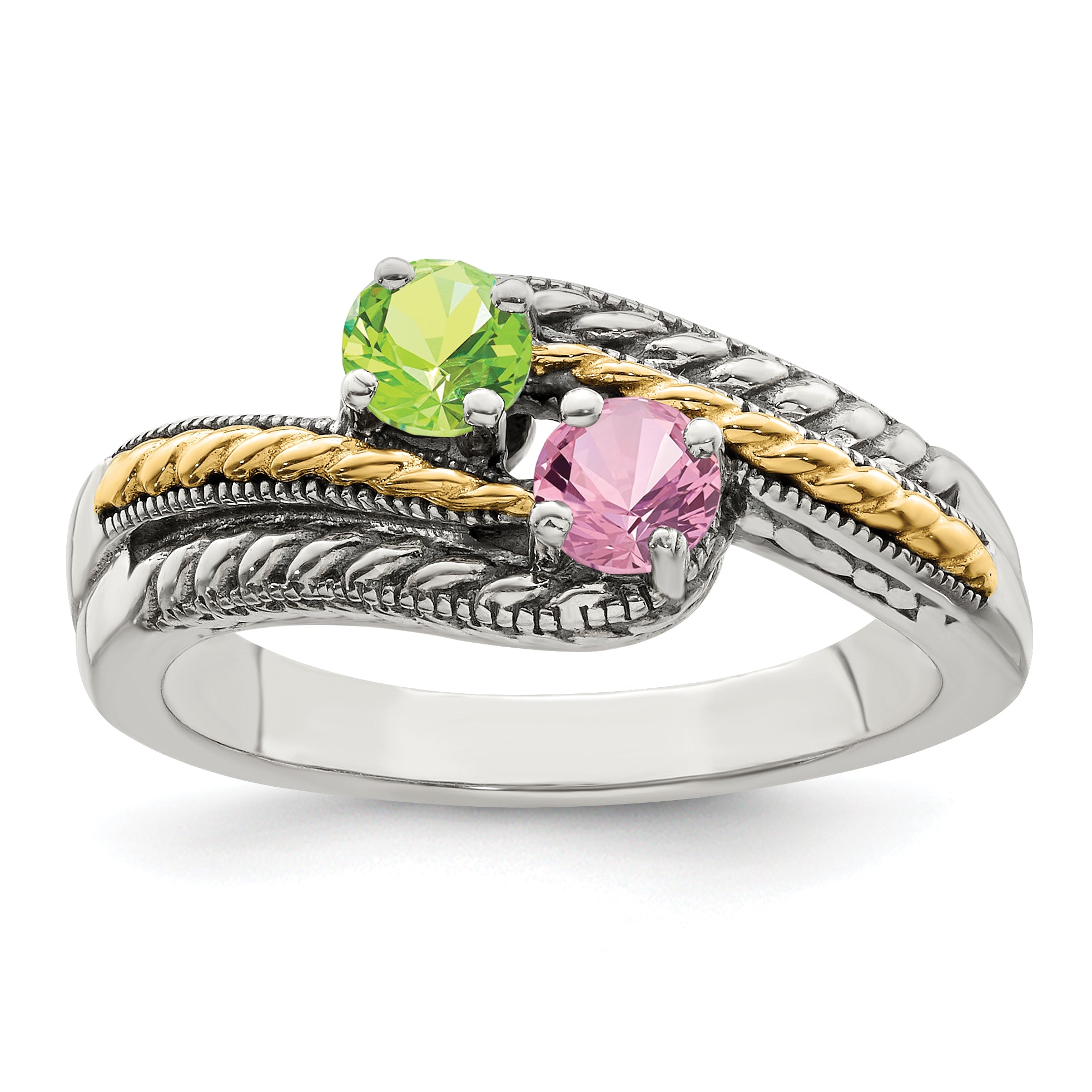 Sterling Silver Antiqued w/14k 2-stone Mother's Ring Mounting