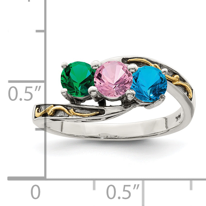 Sterling Silver Antiqued w/14k 3-stone Mother's Ring