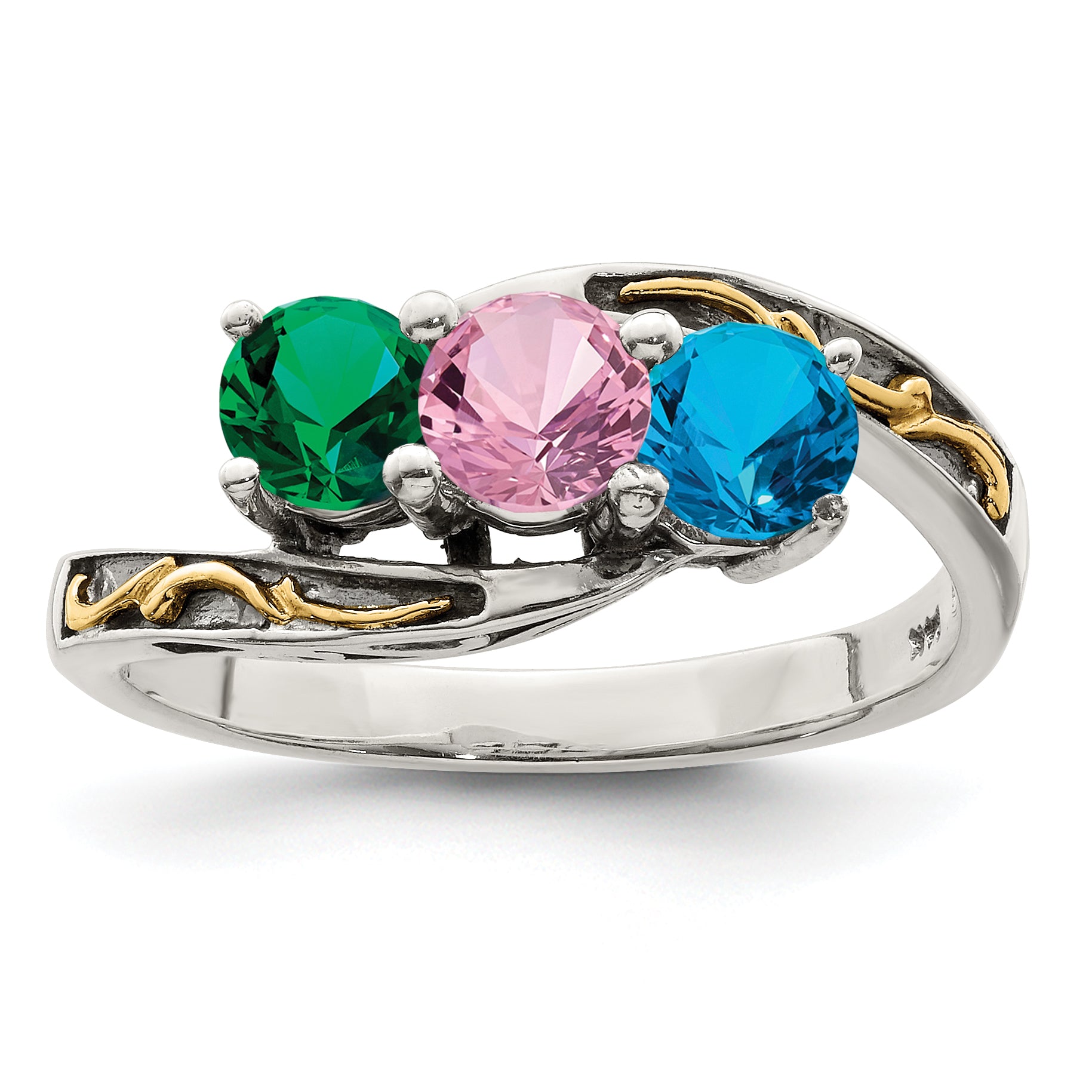 Sterling Silver Antiqued w/14k 3-stone Mother's Ring Mounting