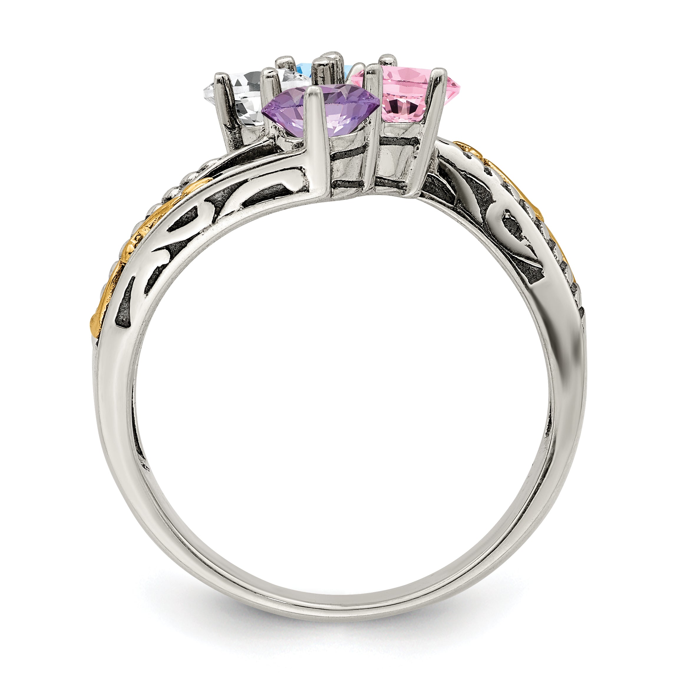 Sterling Silver Antiqued w/14k 4-stone Mother's Ring