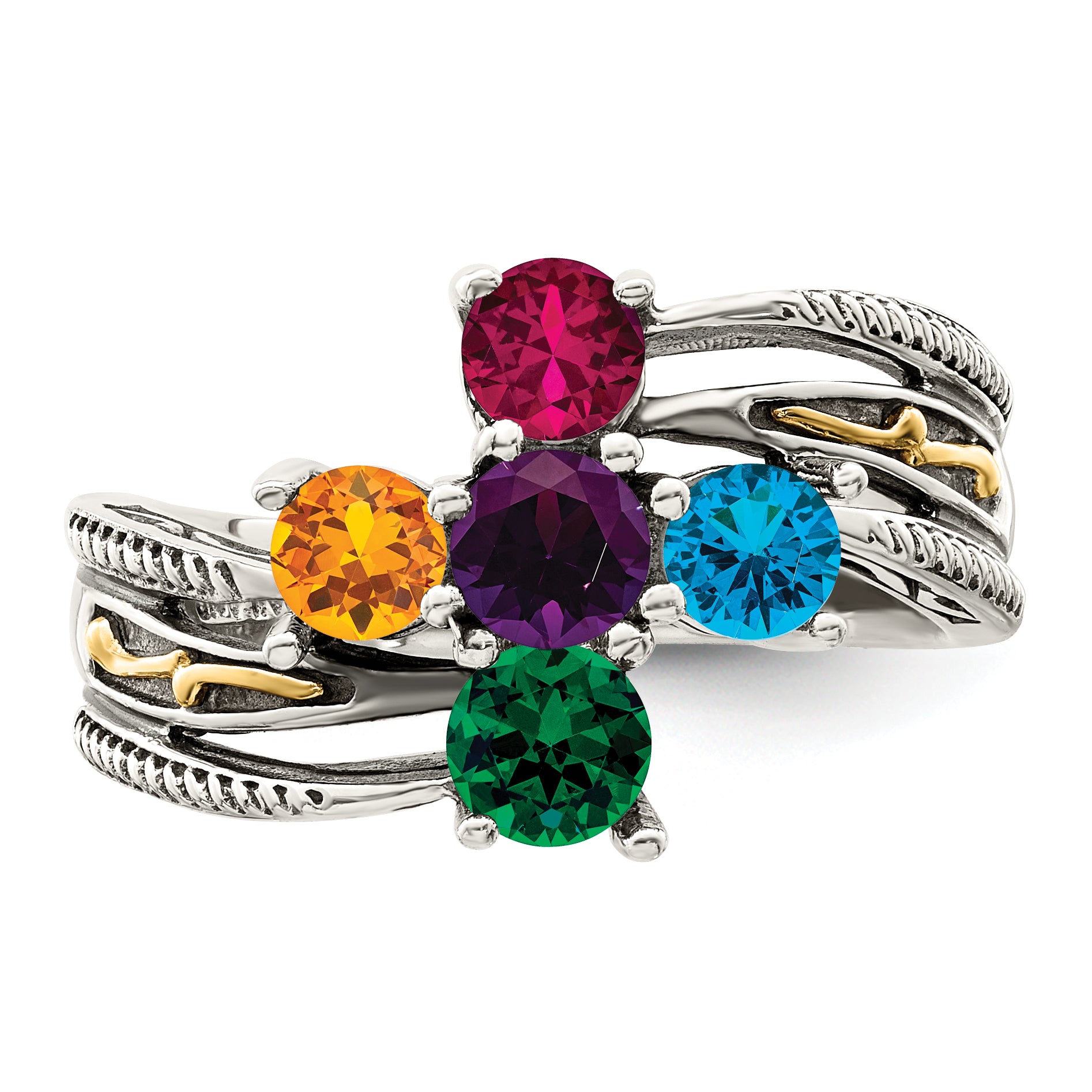 Sterling Silver Antiqued w/14k 5-stone Mother's Ring