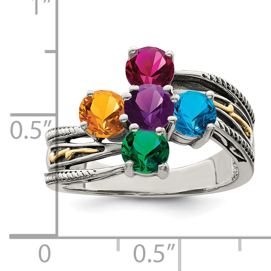 Sterling Silver Antiqued w/14k 5-stone Mother's Ring